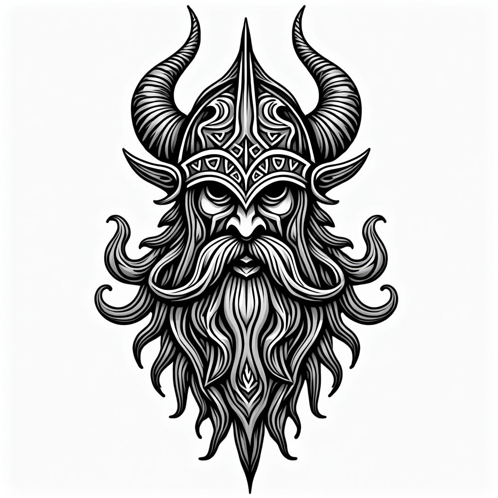 Powerful Viking with elaborate helmet designin tribal tattoo style, featuring bold and black geometric shapes, curved lines, intertwine and flow seamlessly, creating a powerful and symbolic design, polynesian and maori styles - Variation 2
