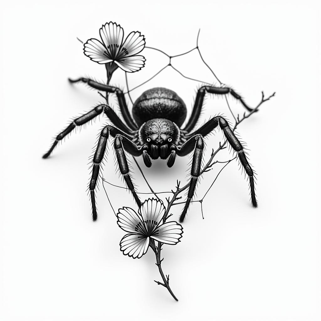Small spider on web with flowers with stemin portrait tattoo style, featuring a highly realistic and detailed depiction  - Variation 21