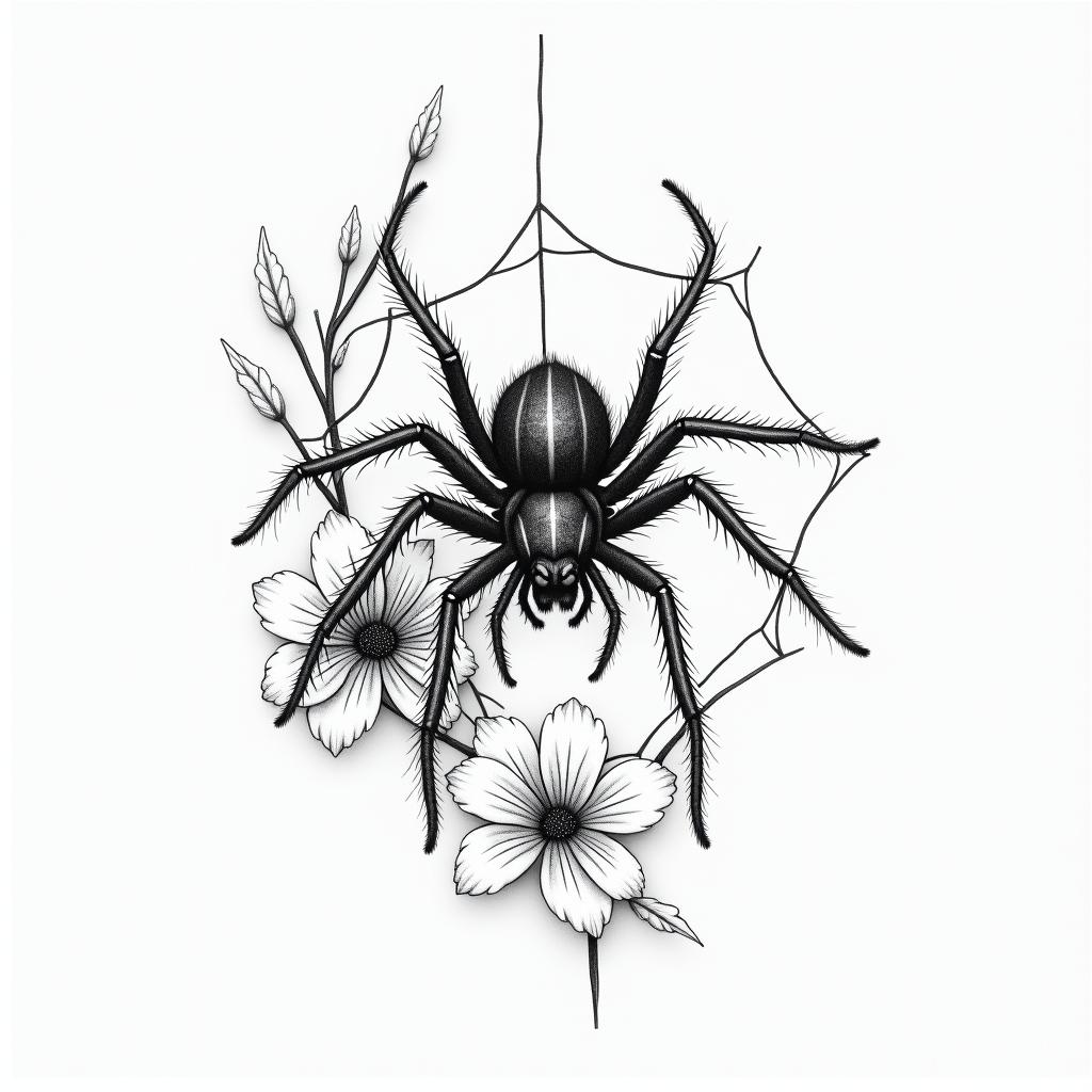 Small spider on web with flowers with stemin portrait tattoo style, featuring a highly realistic and detailed depiction  - Variation 22