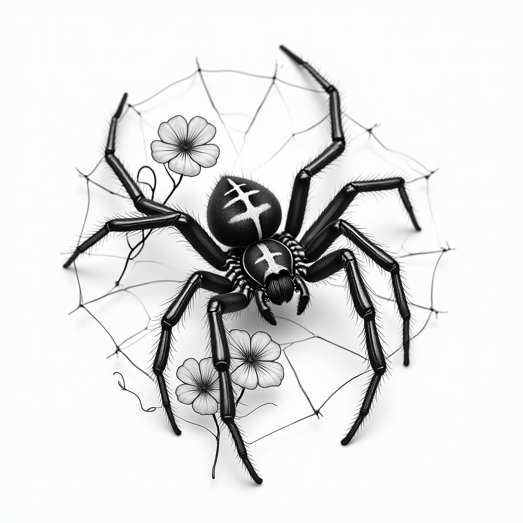 Small spider on web with flowers with stemin portrait tattoo style, featuring a highly realistic and detailed depiction  - Variation 24