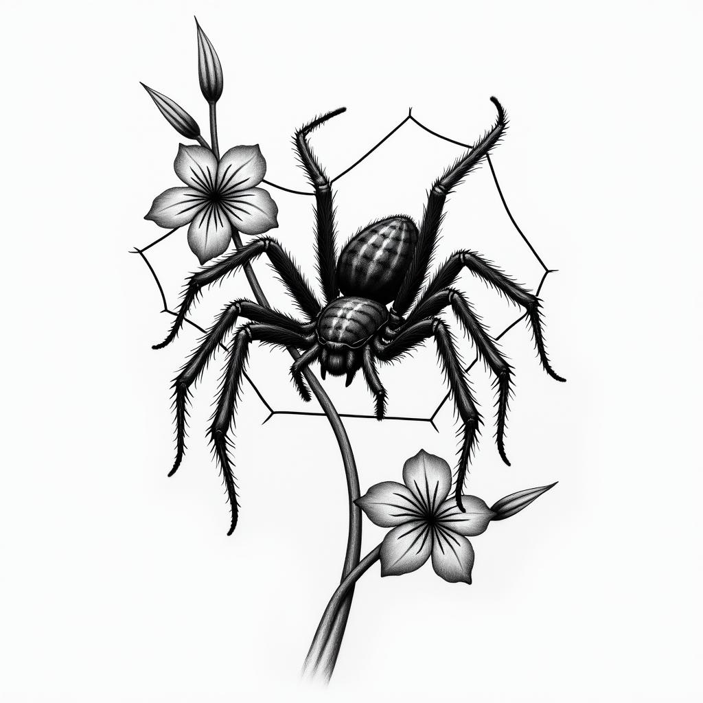 Small spider on web with flowers with stemin portrait tattoo style, featuring a highly realistic and detailed depiction  - Variation 19