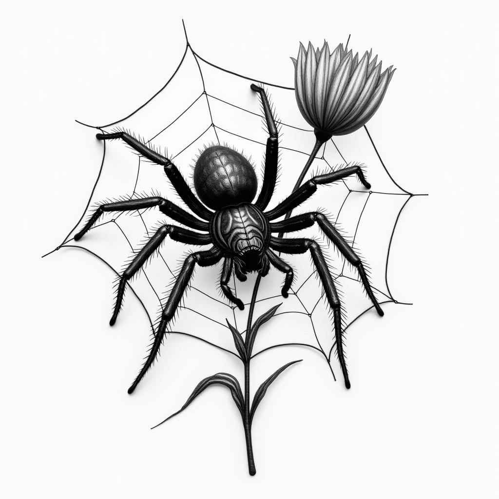 Small spider on web with flowers with stemin portrait tattoo style, featuring a highly realistic and detailed depiction  - Variation 20