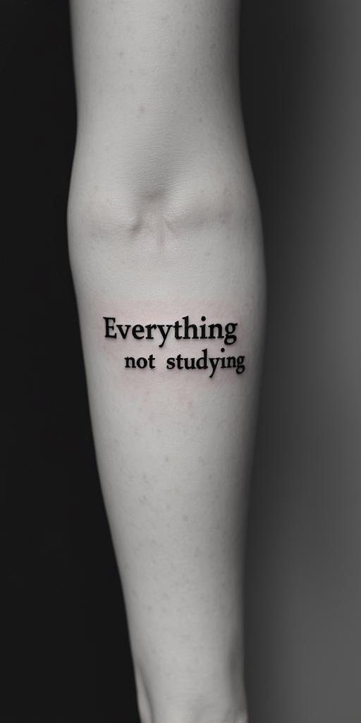 Everything for Not Studyingminimalist text-based tattoo, Monospace font ultra-realistic, perfectly placed, high-quality font design, photo-realistic shading, 8k, high quality, finely detailed typograph