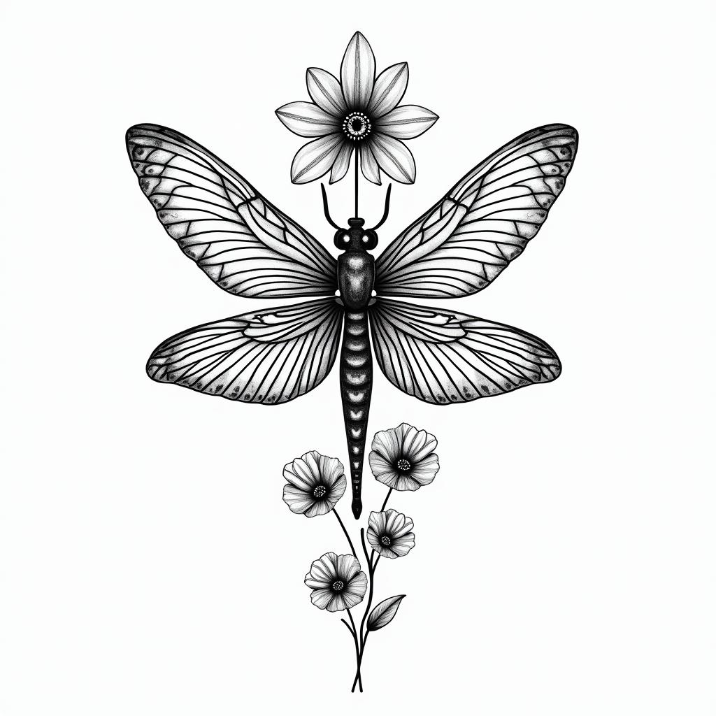 Buddah flowers dragonflyin ornamental tattoo style, featuring intricate symmetrical patterns and floral designs, showcasing highly detailed line work and geometric shapes, creating a sense of elegance and balance - Variation 3