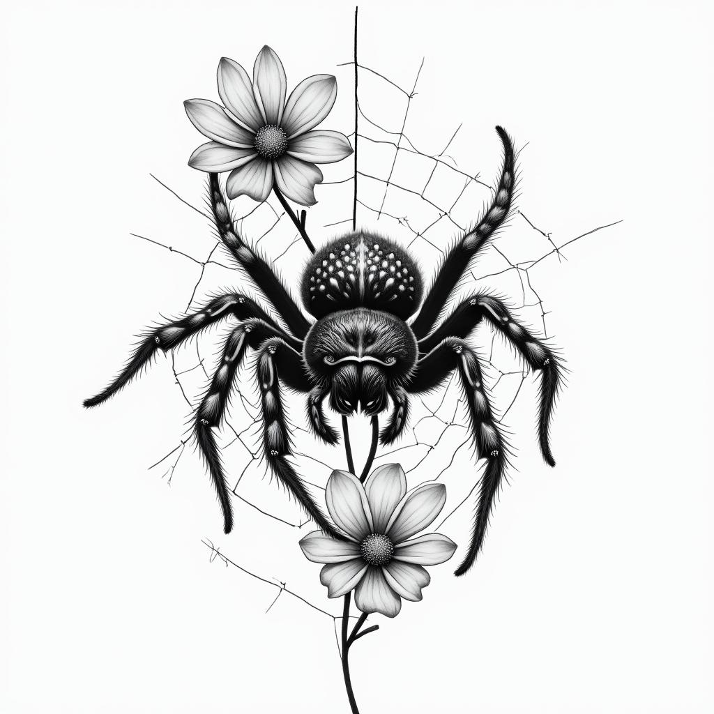 Small spider on web with flowers with stemin portrait tattoo style, featuring a highly realistic and detailed depiction  - Variation 14