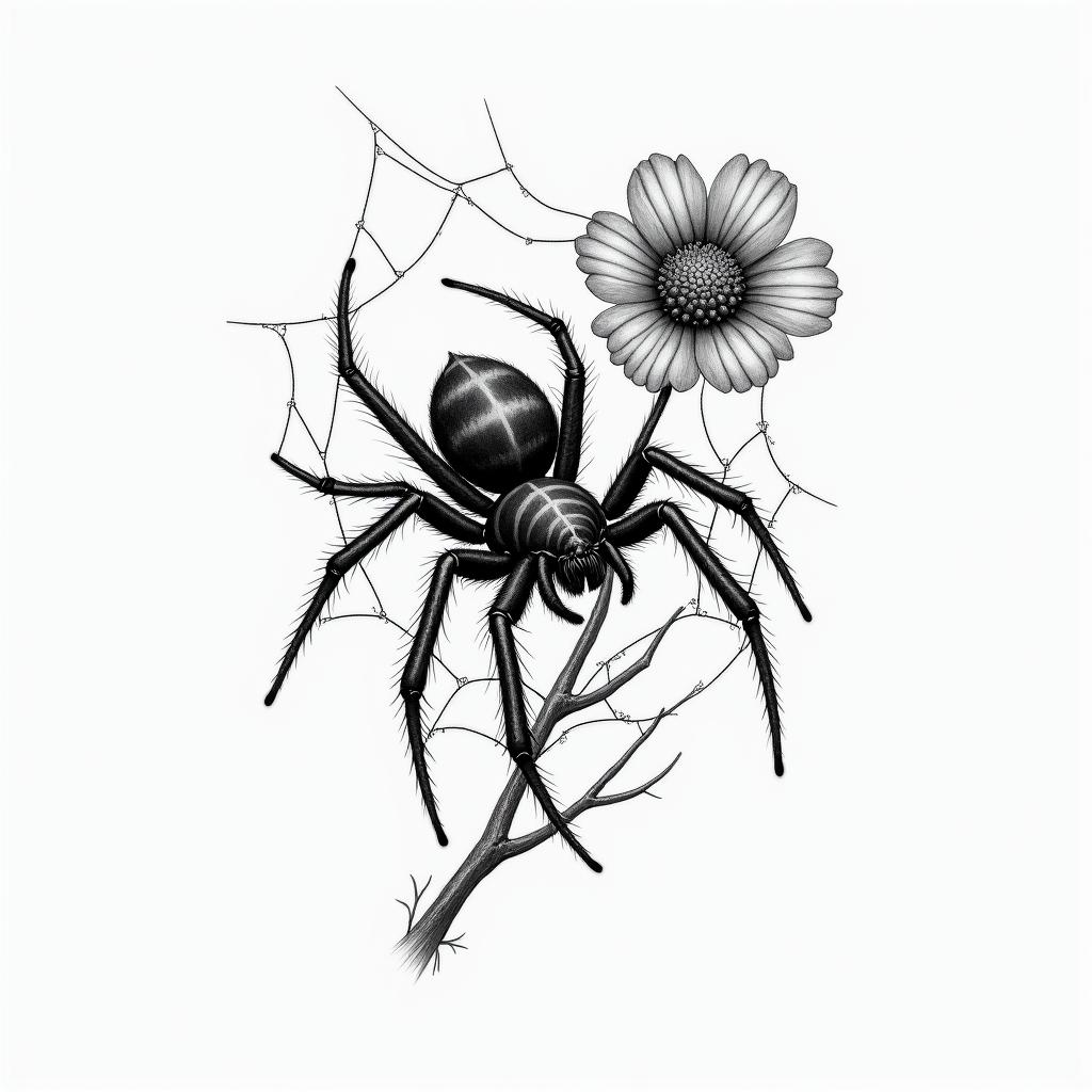 Small spider on web with flowers with stemin portrait tattoo style, featuring a highly realistic and detailed depiction  - Variation 13