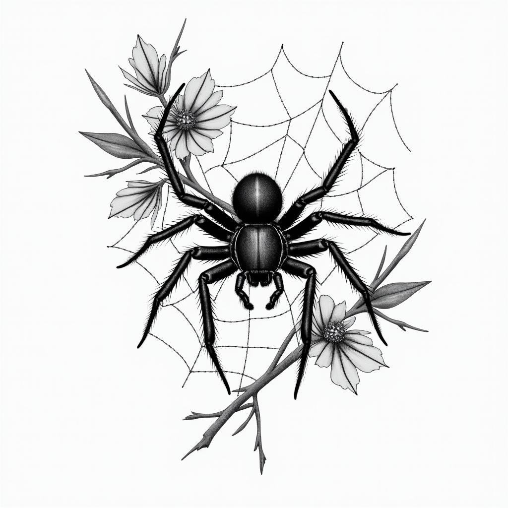 Small spider on web with flowers with stemin portrait tattoo style, featuring a highly realistic and detailed depiction  - Variation 15