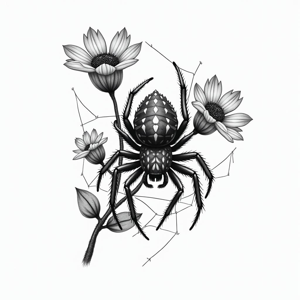 Small spider on web with flowers with stemin portrait tattoo style, featuring a highly realistic and detailed depiction  - Variation 16