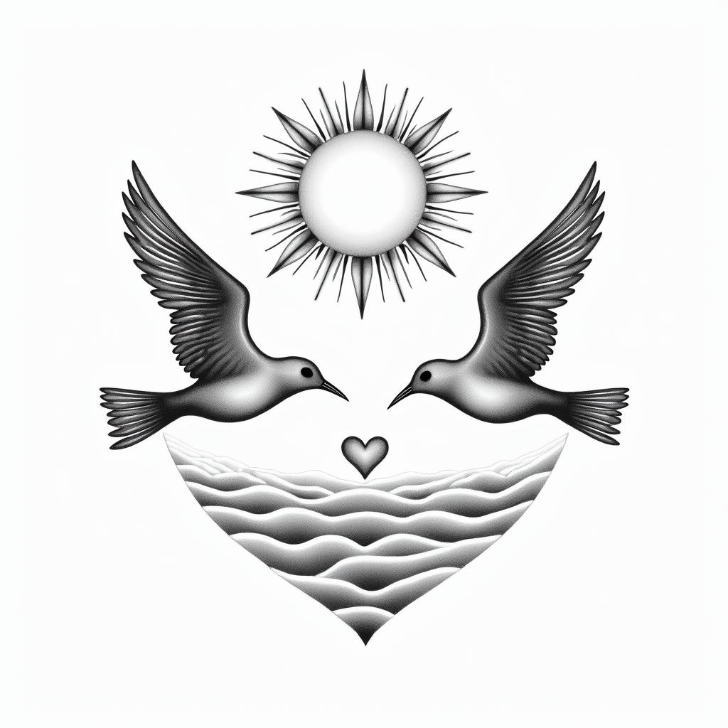 Sun sea birdsin Modest style tattoo, featuring soft, delicate line work with simple and meaningful symbols, gentle waves, a heart, evoking a sense of serenity and grace, - Variation 3