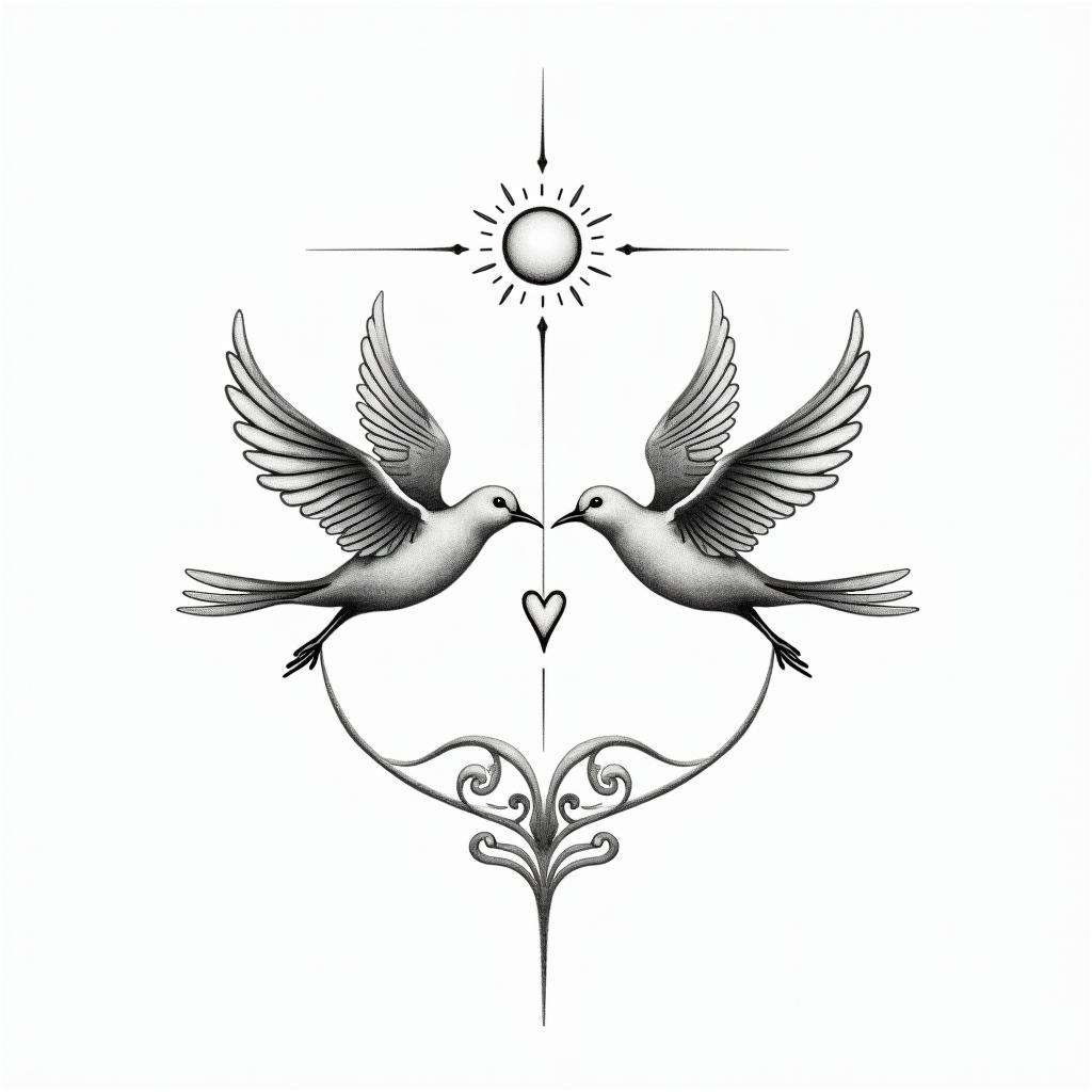 Sun sea birdsin Modest style tattoo, featuring soft, delicate line work with simple and meaningful symbols, gentle waves, a heart, evoking a sense of serenity and grace, - Variation 2