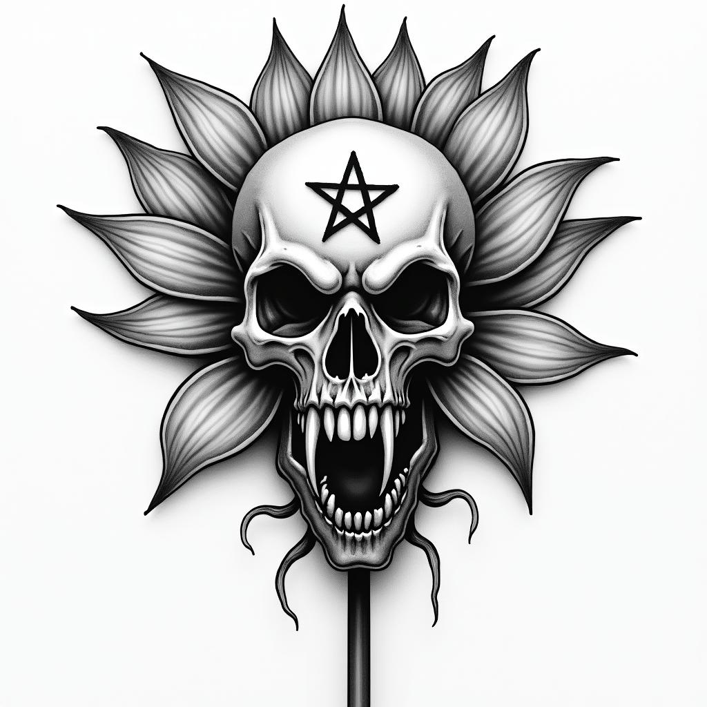 Lotus flowercreepy horror tattoo style, featuring an eerie and unsettling skull of a demonic creature, distorted face with sharp fangs, add pentagram symbol - Variation 4