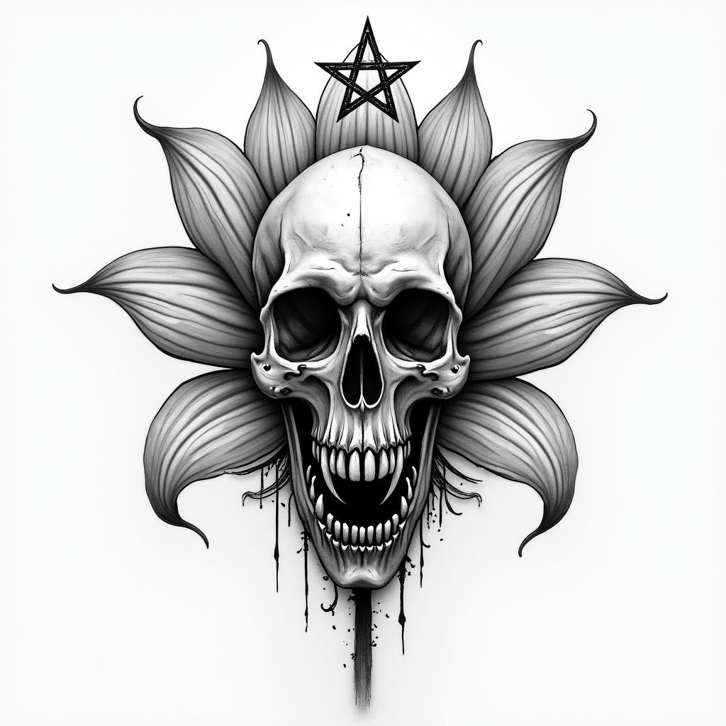 Lotus flowercreepy horror tattoo style, featuring an eerie and unsettling skull of a demonic creature, distorted face with sharp fangs, add pentagram symbol - Variation 3