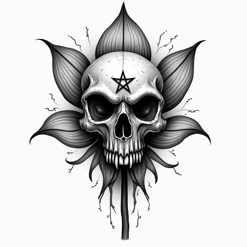 Lotus flowercreepy horror tattoo style, featuring an eerie and unsettling skull of a demonic creature, distorted face with sharp fangs, add pentagram symbol - Variation 2