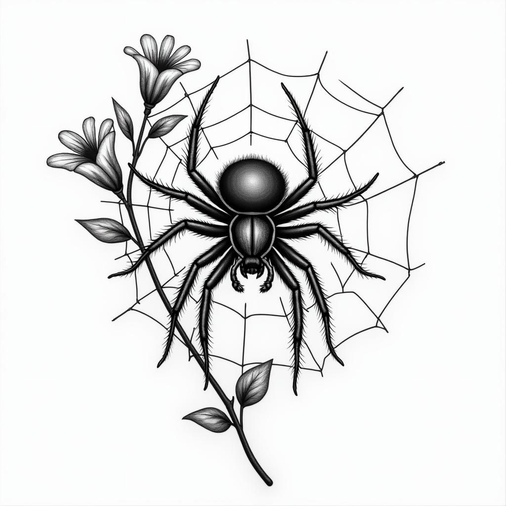 Small spider on web with flowers with stemin portrait tattoo style, featuring a highly realistic and detailed depiction  - Variation 10