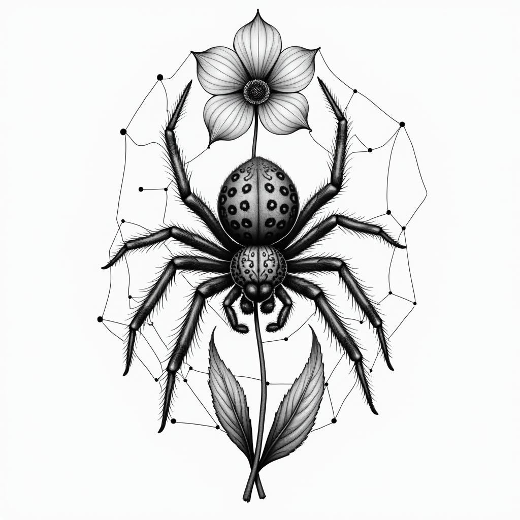 Small spider on web with flowers with stemin portrait tattoo style, featuring a highly realistic and detailed depiction  - Variation 12