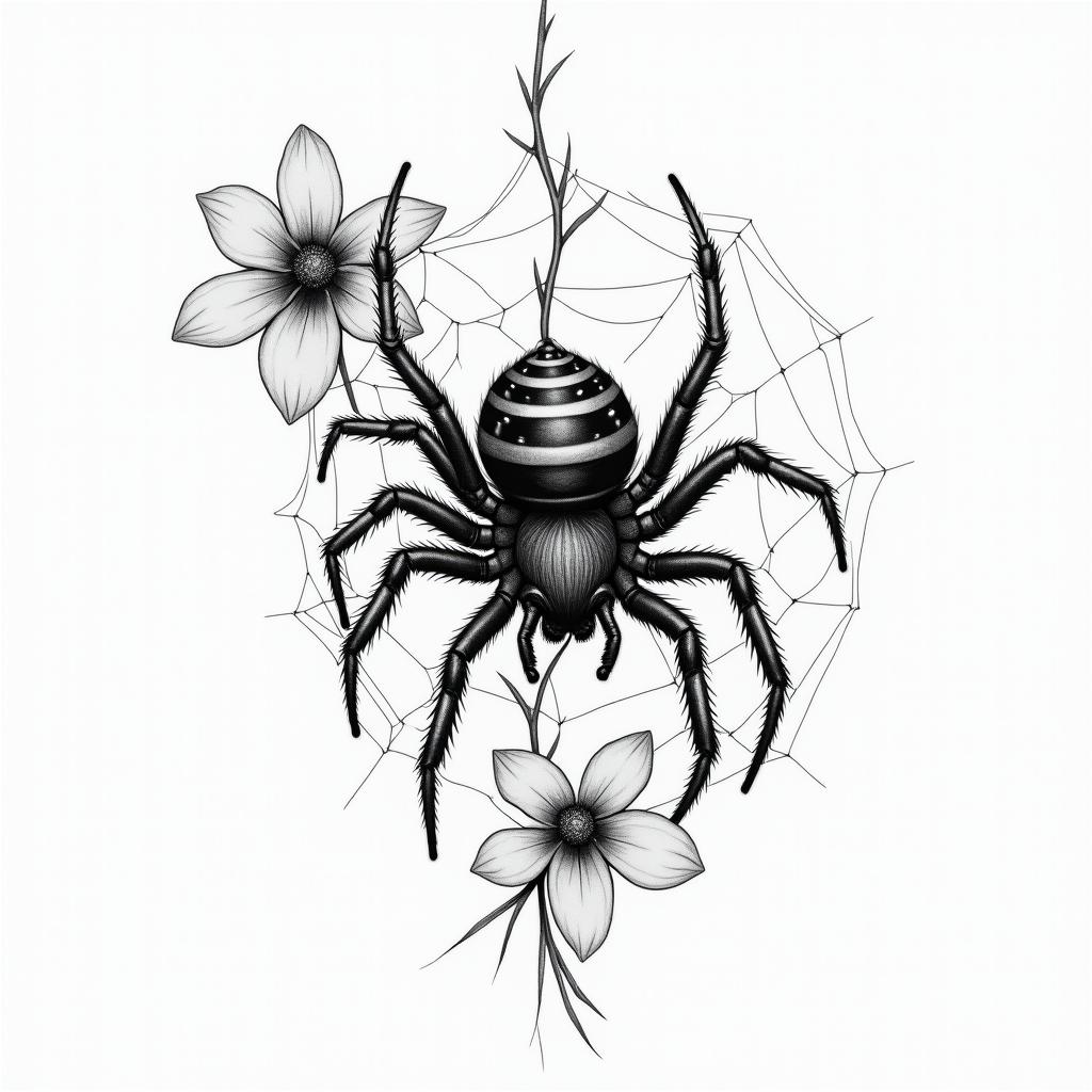 Small spider on web with flowers with stemin portrait tattoo style, featuring a highly realistic and detailed depiction  - Variation 11