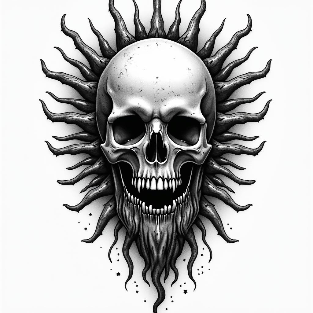 Sun Sea Birds in horror tattoo style, showcasing haunting and unsettling, dark and gritty textures with skulls, eerie faces, jgged designs, bold and intense shading - Variation 2