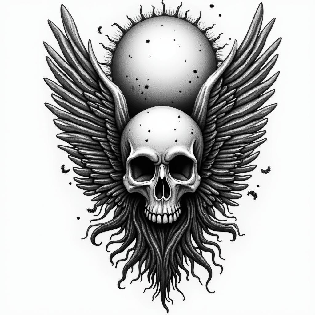 Sun Sea Birds in horror tattoo style, showcasing haunting and unsettling, dark and gritty textures with skulls, eerie faces, jgged designs, bold and intense shading - Variation 4