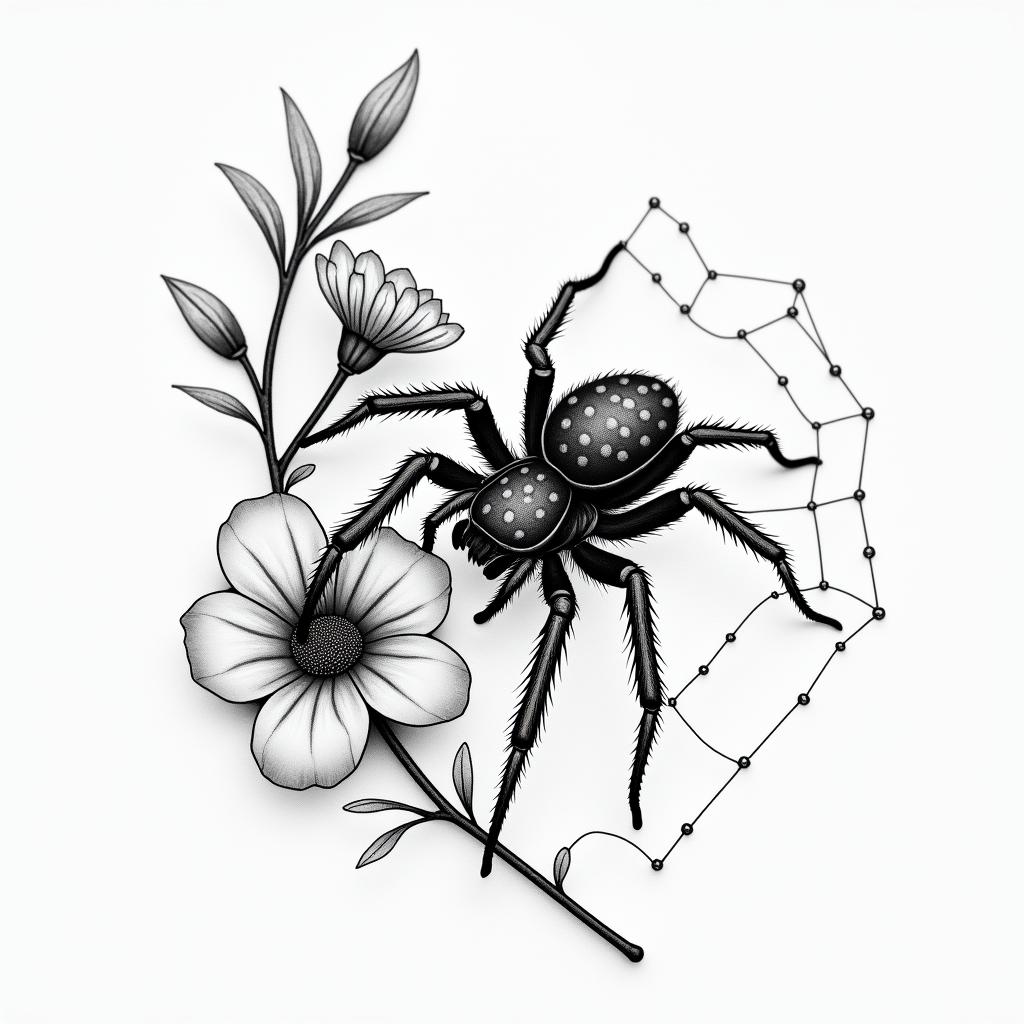 Small spider on web with flowers with stemin portrait tattoo style, featuring a highly realistic and detailed depiction  - Variation 6