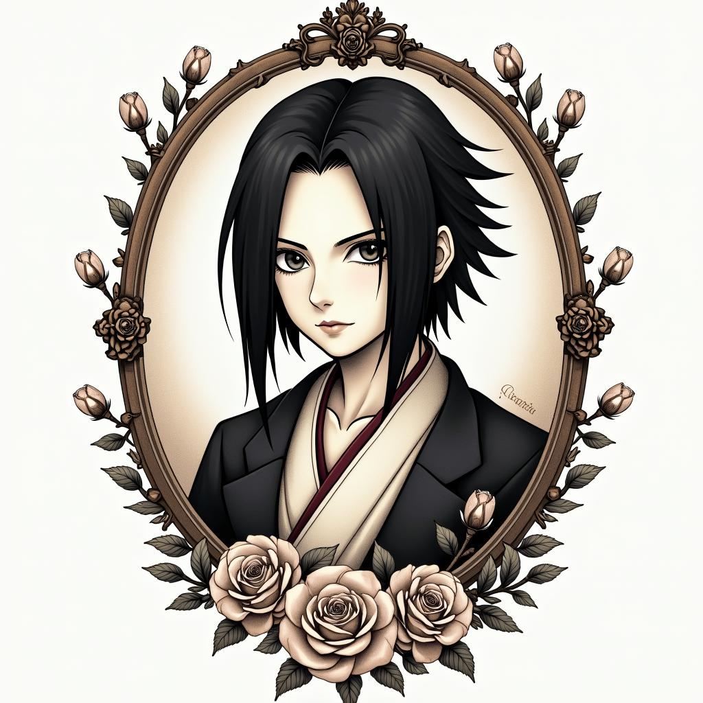 Itachi Uchihain victorian style tattoo, featuring vintage and elegant elements, ornate frames, roses, antique, sepia-toned color scheme - Variation 1
