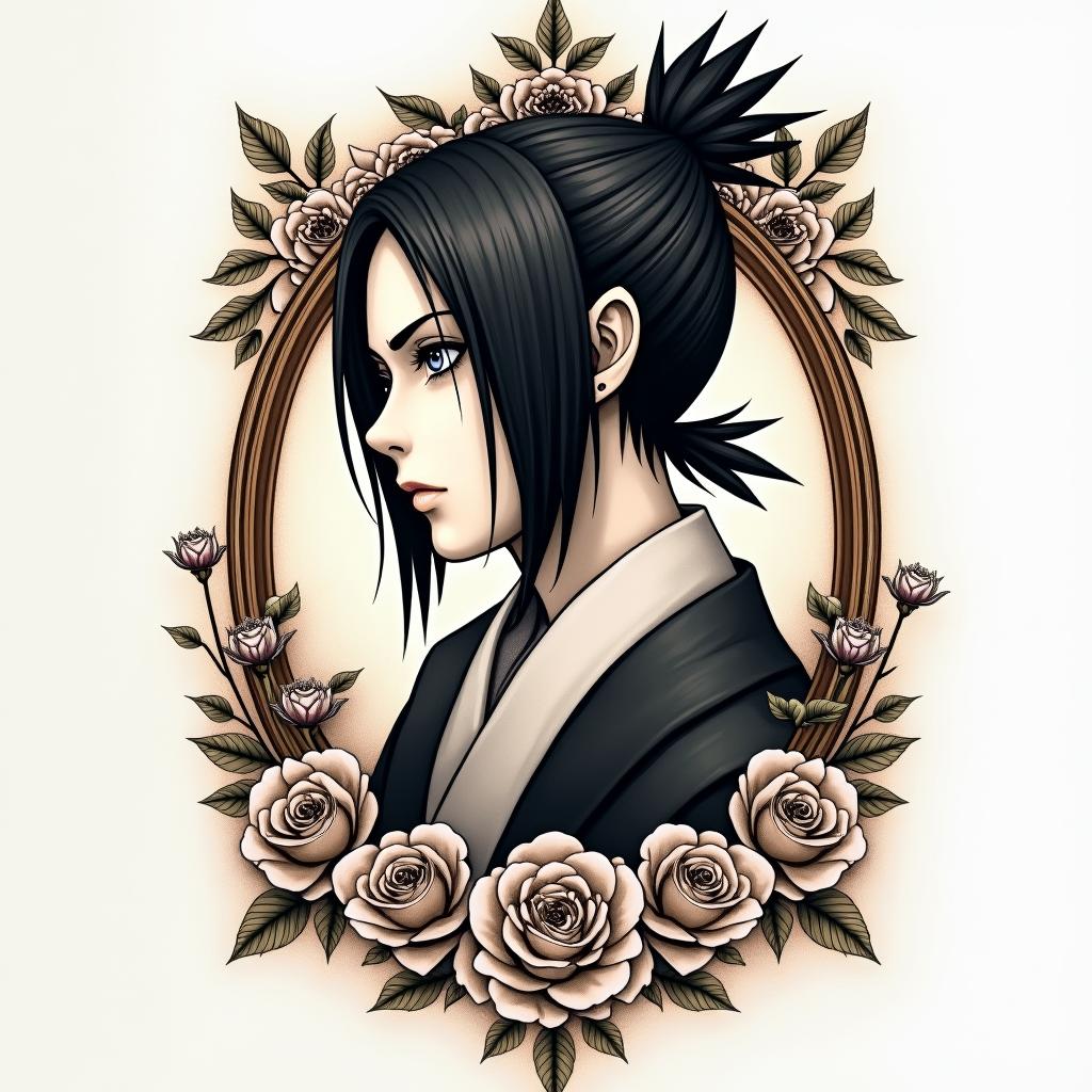 Itachi Uchihain victorian style tattoo, featuring vintage and elegant elements, ornate frames, roses, antique, sepia-toned color scheme - Variation 2
