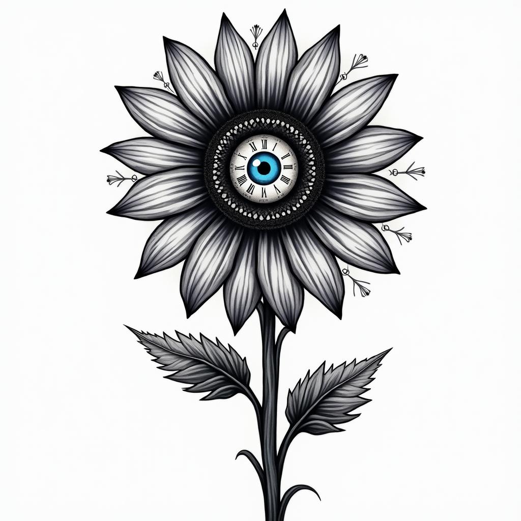 A black gray tattoo Sunflower with 12 pedals , the pedals representing a clock , Roman numerals at 12,3,6,9o clock, the entire center of the sunflower is a eyeball with blue eyes , attached to a winding twisting rose stem , water rushing in the backgroundin distorted and fragmented tattoo design, featuring a classical statue bust, in a glitch art style with vibrant, overlapping colors of cyan, magenta, and yellow, creating a digital distortion effect - Variation 4