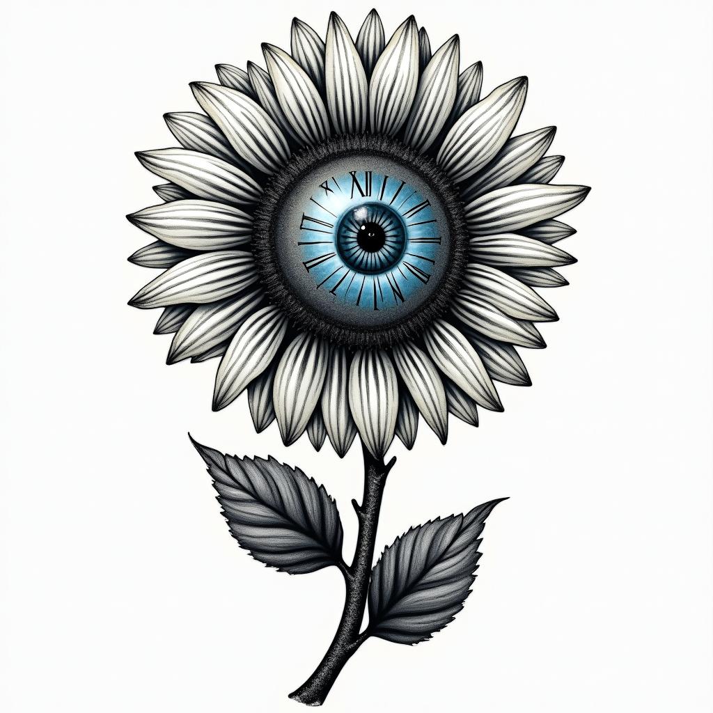 A black gray tattoo Sunflower with 12 pedals , the pedals representing a clock , Roman numerals at 12,3,6,9o clock, the entire center of the sunflower is a eyeball with blue eyes , attached to a winding twisting rose stem , water rushing in the backgroundin distorted and fragmented tattoo design, featuring a classical statue bust, in a glitch art style with vibrant, overlapping colors of cyan, magenta, and yellow, creating a digital distortion effect - Variation 3