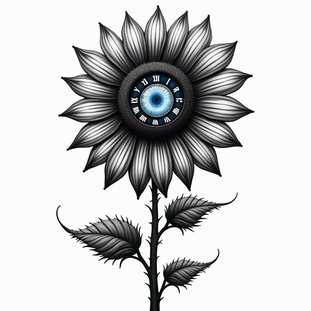 A black gray tattoo Sunflower with 12 pedals , the pedals representing a clock , Roman numerals at 12,3,6,9o clock, the entire center of the sunflower is a eyeball with blue eyes , attached to a winding twisting rose stem , water rushing in the backgroundin distorted and fragmented tattoo design, featuring a classical statue bust, in a glitch art style with vibrant, overlapping colors of cyan, magenta, and yellow, creating a digital distortion effect