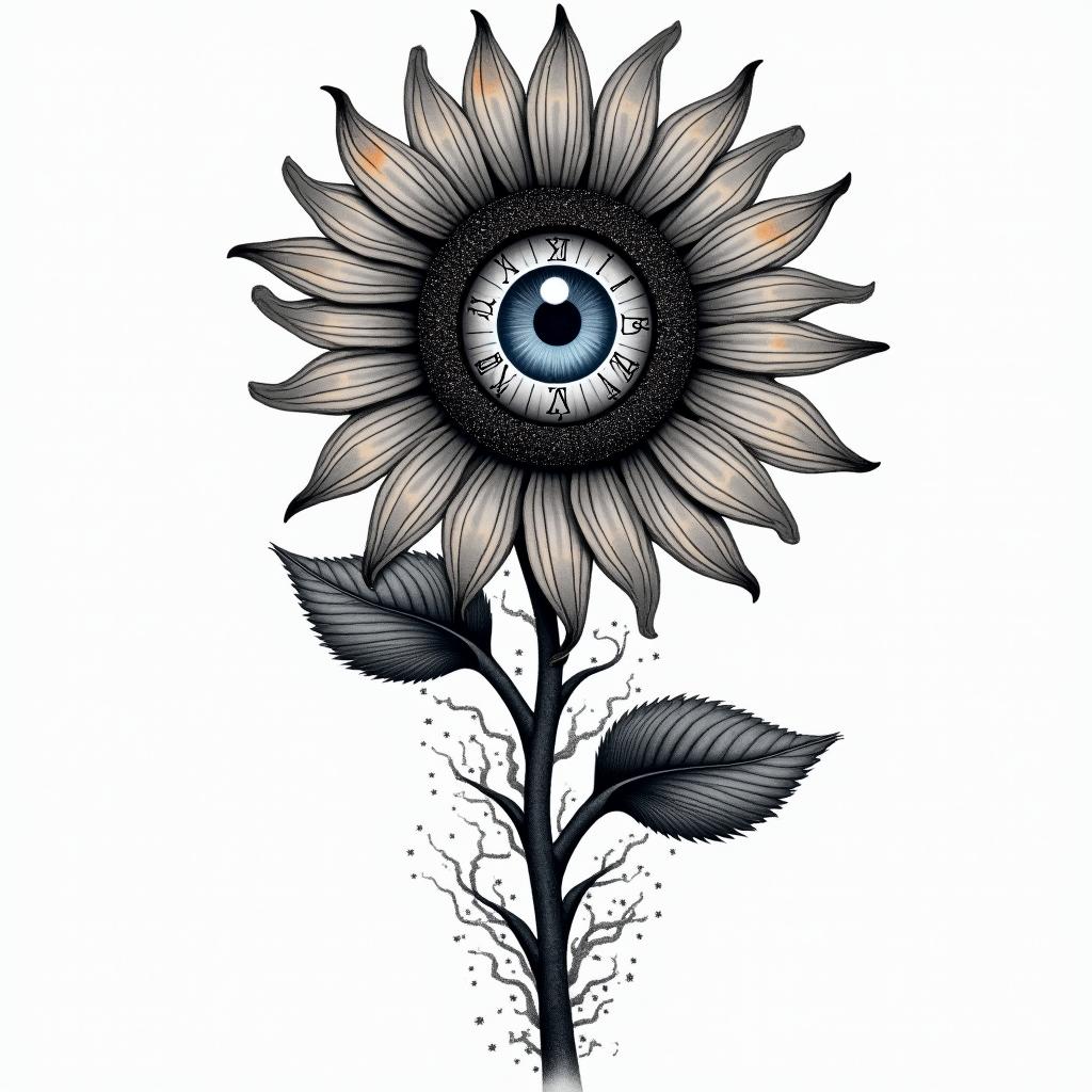 A black gray tattoo Sunflower with 12 pedals , the pedals representing a clock , Roman numerals at 12,3,6,9o clock, the entire center of the sunflower is a eyeball with blue eyes , attached to a winding twisting rose stem , water rushing in the backgroundin distorted and fragmented tattoo design, featuring a classical statue bust, in a glitch art style with vibrant, overlapping colors of cyan, magenta, and yellow, creating a digital distortion effect - Variation 2