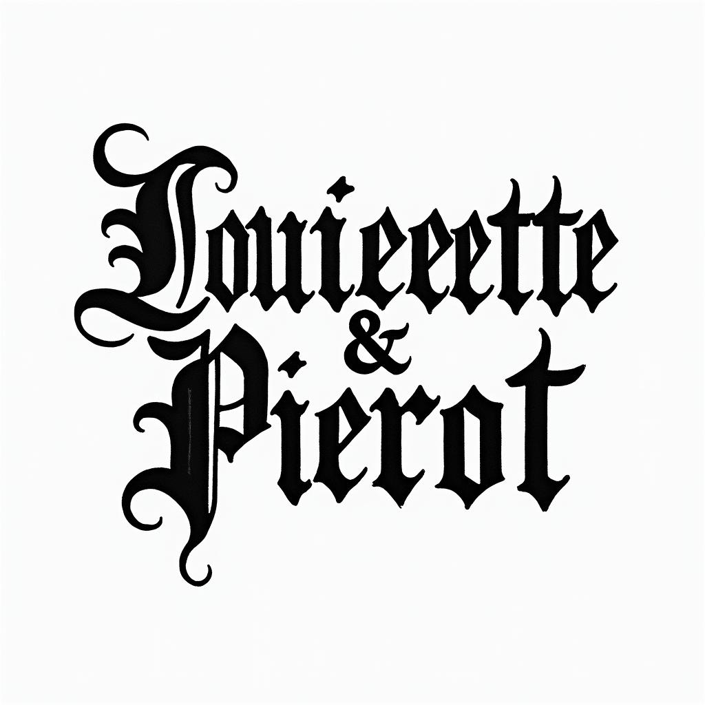Louisette & Pierrottext-based tattoo, gothic font ultra-realistic, perfectly placed, high-quality font design, photo-realistic shading, 8k, high quality, finely detailed typography