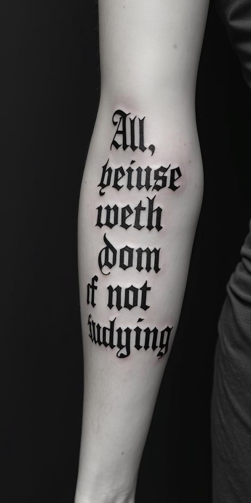 All Because of Not Studyingtext-based tattoo, gothic font ultra-realistic, perfectly placed, high-quality font design, photo-realistic shading, 8k, high quality, finely detailed typography - Variation 3