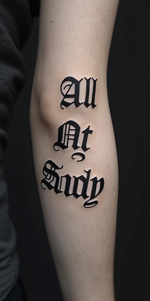 All Because of Not Studyingtext-based tattoo, gothic font ultra-realistic, perfectly placed, high-quality font design, photo-realistic shading, 8k, high quality, finely detailed typography