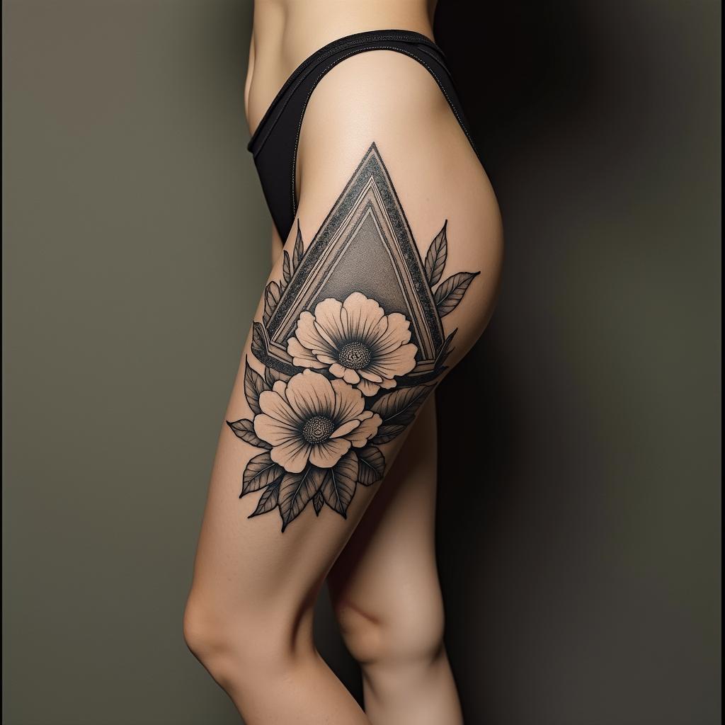 Simple triangle with a line throughin victorian style tattoo, featuring vintage and elegant elements, ornate frames, roses, antique, sepia-toned color scheme - Variation 1