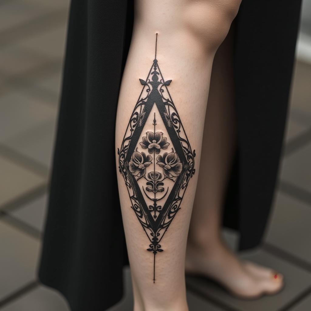 Simple triangle with a line throughin victorian style tattoo, featuring vintage and elegant elements, ornate frames, roses, antique, sepia-toned color scheme - Variation 2