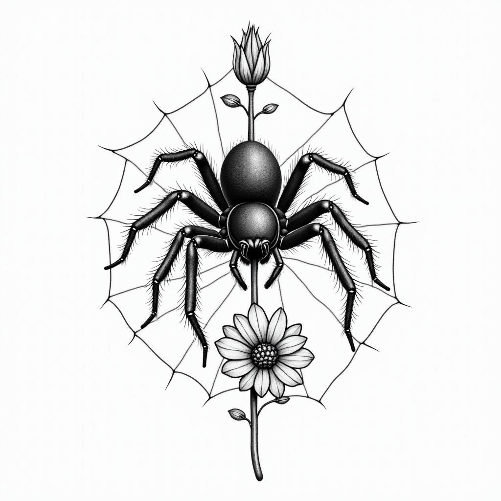 Small spider on web with flowers with stemin portrait tattoo style, featuring a highly realistic and detailed depiction  - Variation 2