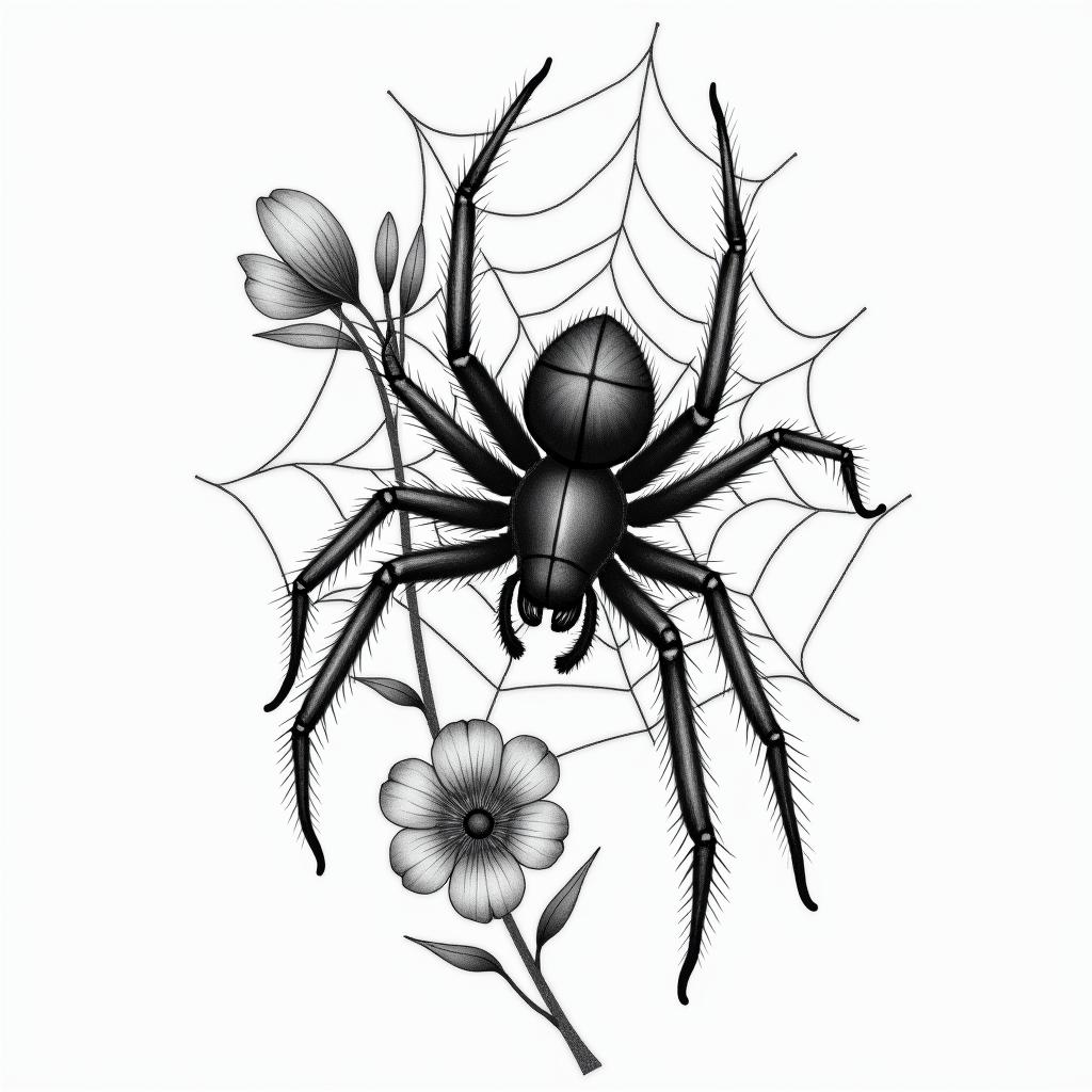 Small spider on web with flowers with stemin portrait tattoo style, featuring a highly realistic and detailed depiction  - Variation 3