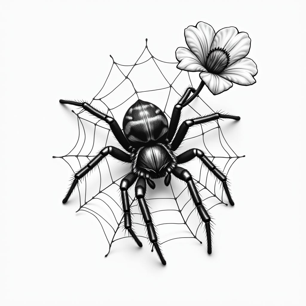 Small spider on web with flowers with stemin portrait tattoo style, featuring a highly realistic and detailed depiction  - Variation 4