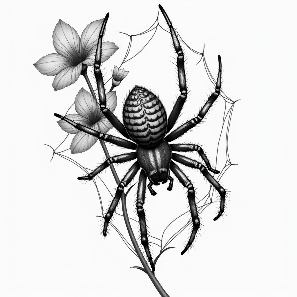 Small spider on web with flowers with stemin realism tattoo style, featuring a highly detailed, lifelike, capturing every detail, photorealistic, ultra realistic, intricate shading, smooth and sharp,   - Variation 55