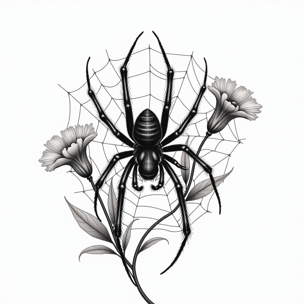 Small spider on web with flowers with stemin realism tattoo style, featuring a highly detailed, lifelike, capturing every detail, photorealistic, ultra realistic, intricate shading, smooth and sharp,   - Variation 56