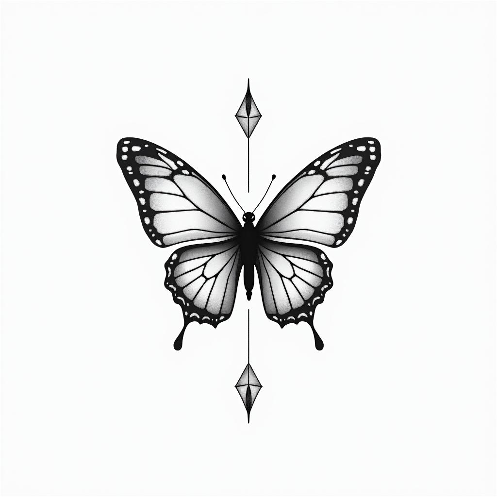 Angeline, Cancer with peace, and butterfly in minimalist style tattoo, featuring simple shapes and fine lines, with minimal shading and details, tiny triangles, creating a sense of balance and harmony