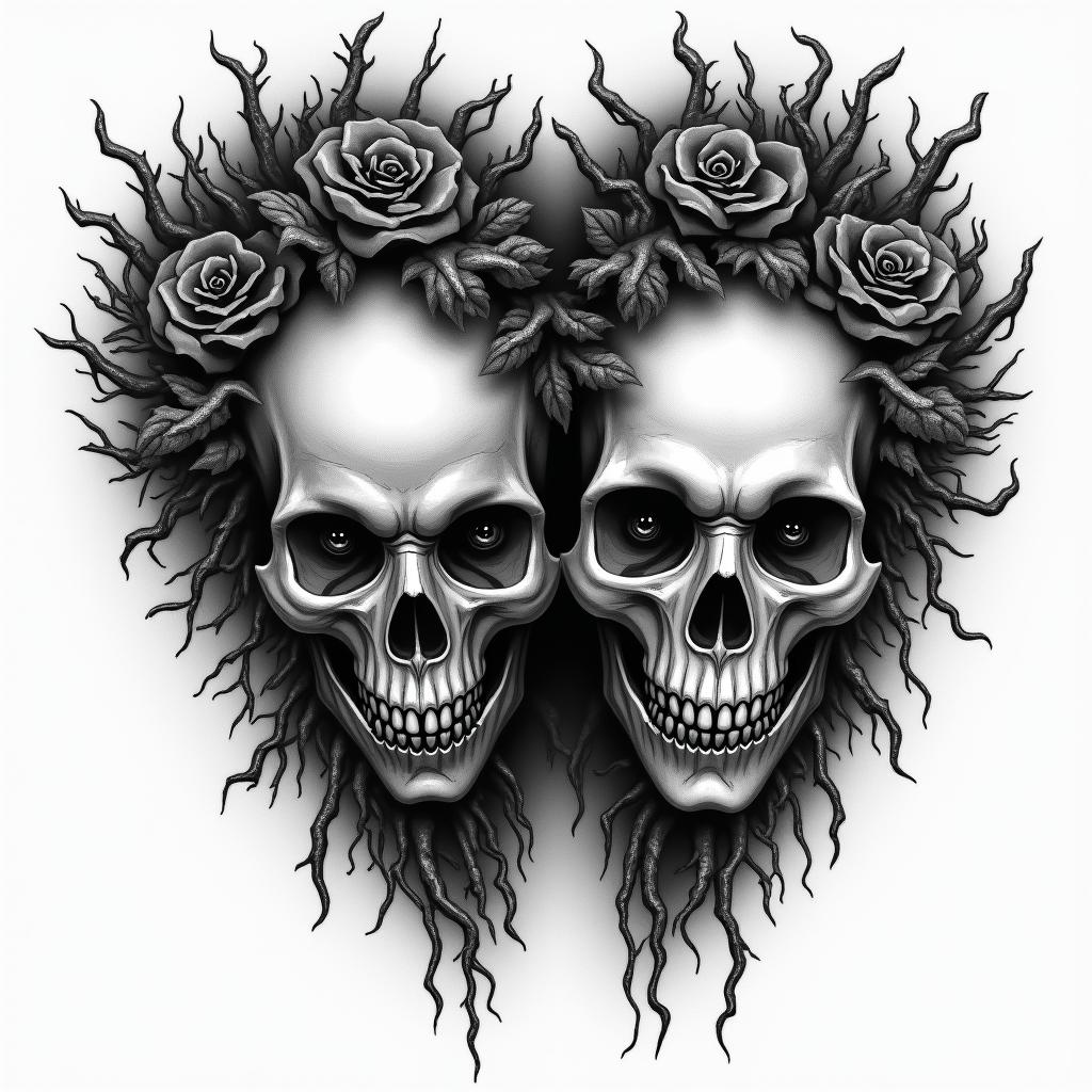 Louisette & Pierrot in horror tattoo style, showcasing haunting and unsettling, dark and gritty textures with skulls, eerie faces, jgged designs, bold and intense shading - Variation 4