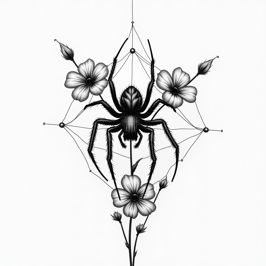 Small spider on web with flowers with stemin realism tattoo style, featuring a highly detailed, lifelike, capturing every detail, photorealistic, ultra realistic, intricate shading, smooth and sharp,   - Variation 52