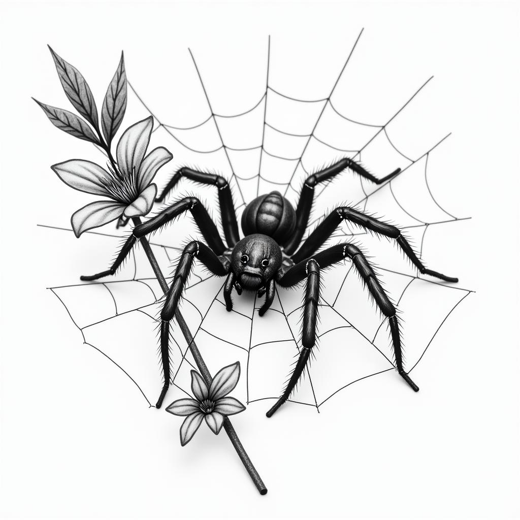 Small spider on web with flowers with stemin realism tattoo style, featuring a highly detailed, lifelike, capturing every detail, photorealistic, ultra realistic, intricate shading, smooth and sharp,   - Variation 51