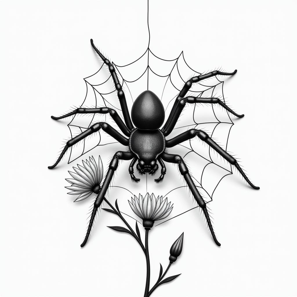 Small spider on web with flowers with stemin realism tattoo style, featuring a highly detailed, lifelike, capturing every detail, photorealistic, ultra realistic, intricate shading, smooth and sharp,   - Variation 50