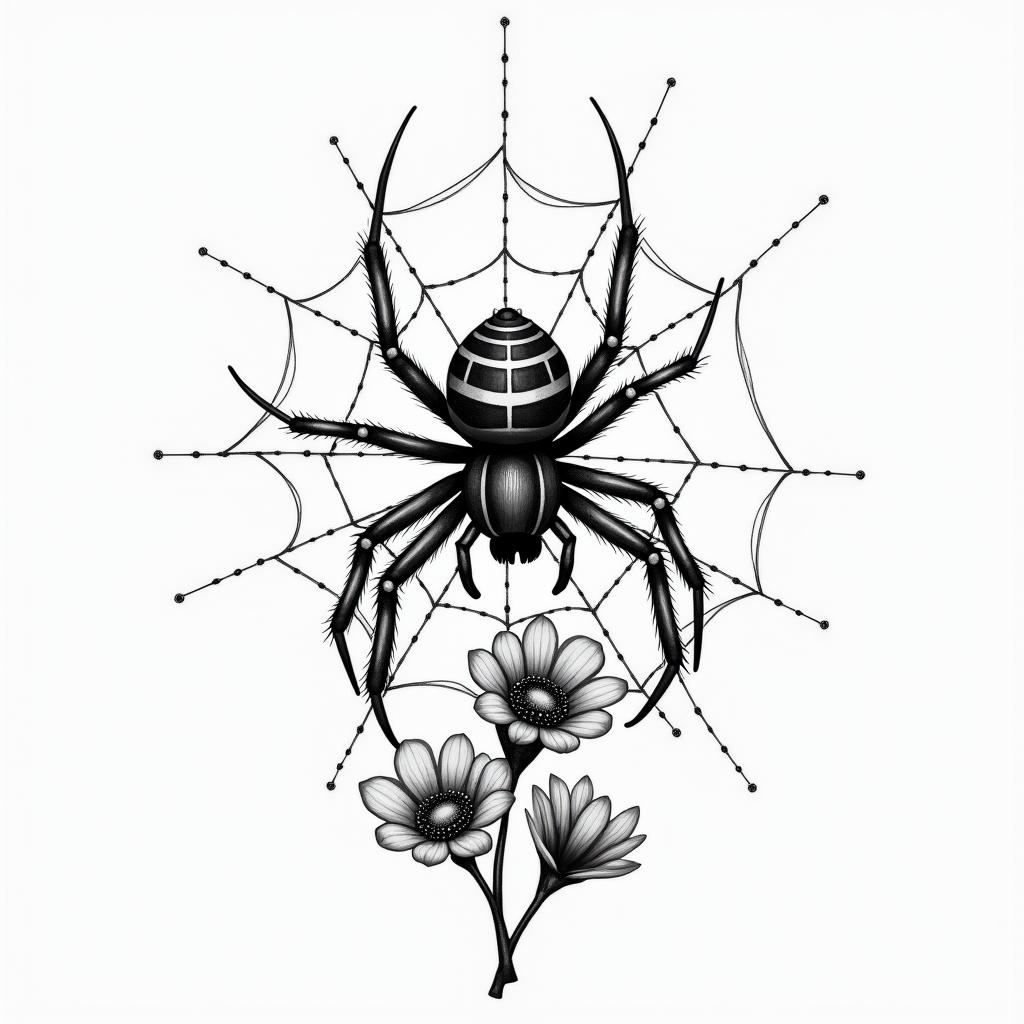 Small spider on web with flowers with stemin realism tattoo style, featuring a highly detailed, lifelike, capturing every detail, photorealistic, ultra realistic, intricate shading, smooth and sharp,   - Variation 49
