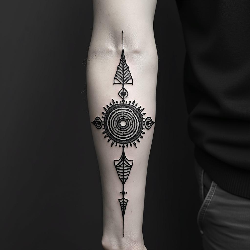 Earth, water, fire, air, herbs, arrowin spiritual symbols tattoo style, featuring an intricate design incorporating elements, Hamsa hand, third eye, minimalist composition