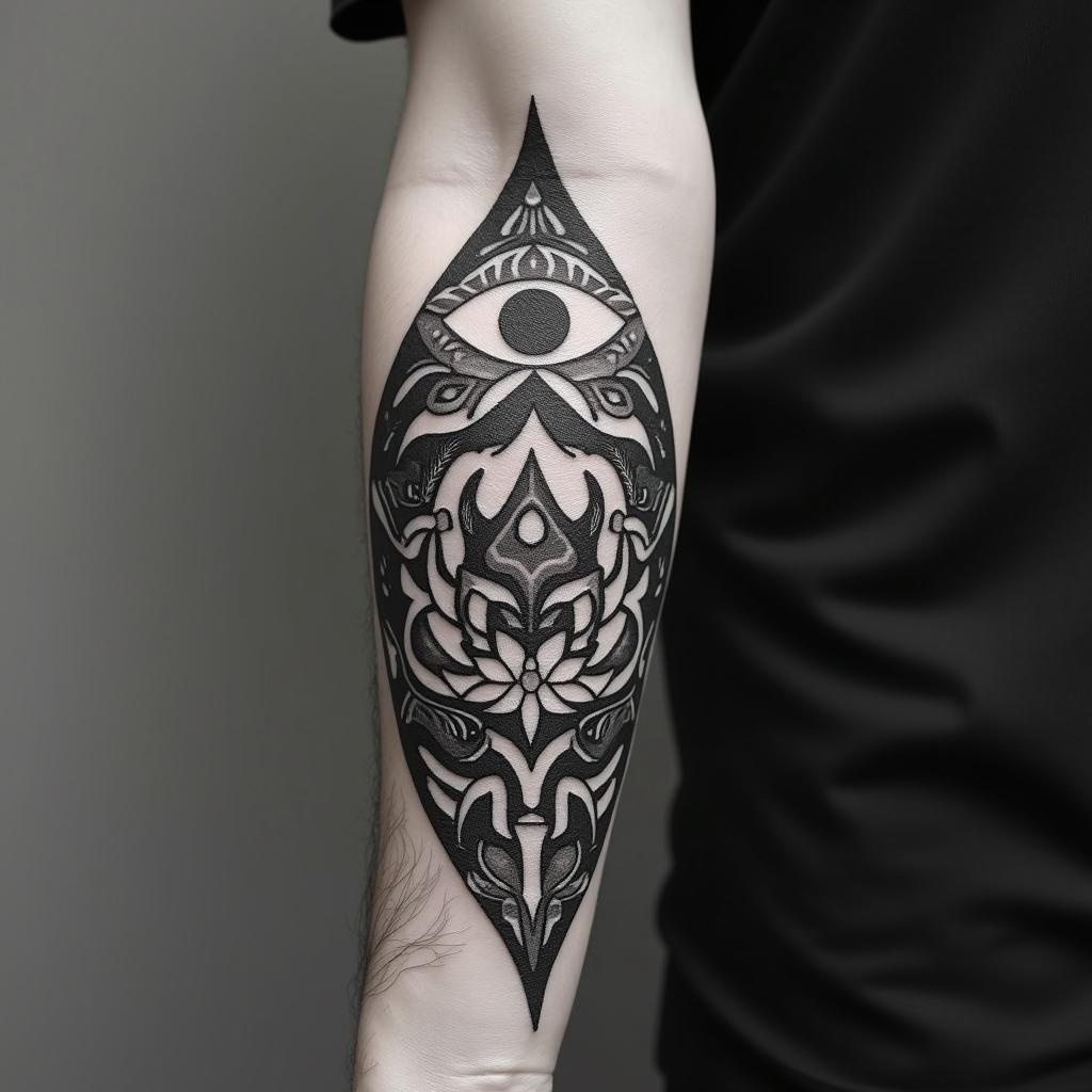 Earth, water, fire, air, herbs, arrowin spiritual symbols tattoo style, featuring an intricate design incorporating elements, Hamsa hand, third eye, minimalist composition - Variation 2