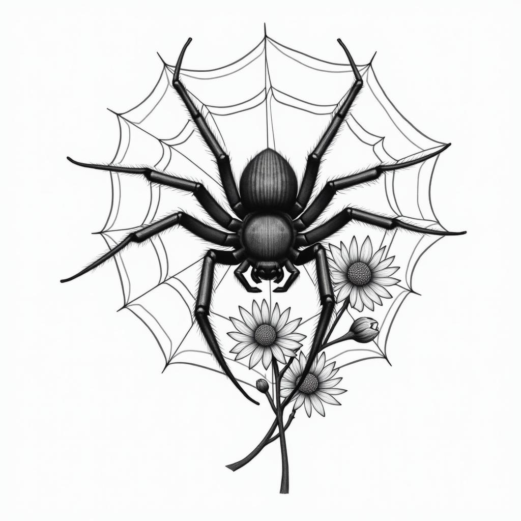 Small spider on web with flowers with stemin realism tattoo style, featuring a highly detailed, lifelike, capturing every detail, photorealistic, ultra realistic, intricate shading, smooth and sharp,   - Variation 47