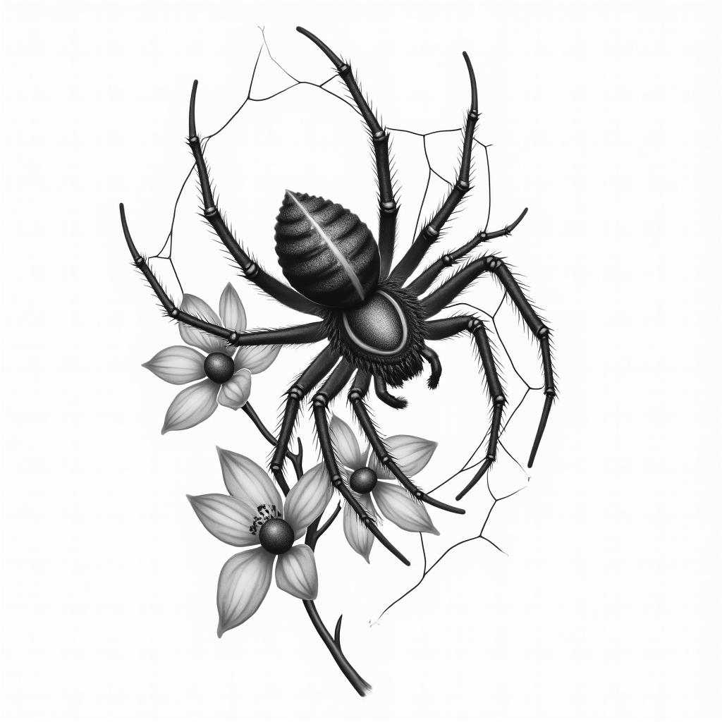 Small spider on web with flowers with stemin realism tattoo style, featuring a highly detailed, lifelike, capturing every detail, photorealistic, ultra realistic, intricate shading, smooth and sharp,   - Variation 45