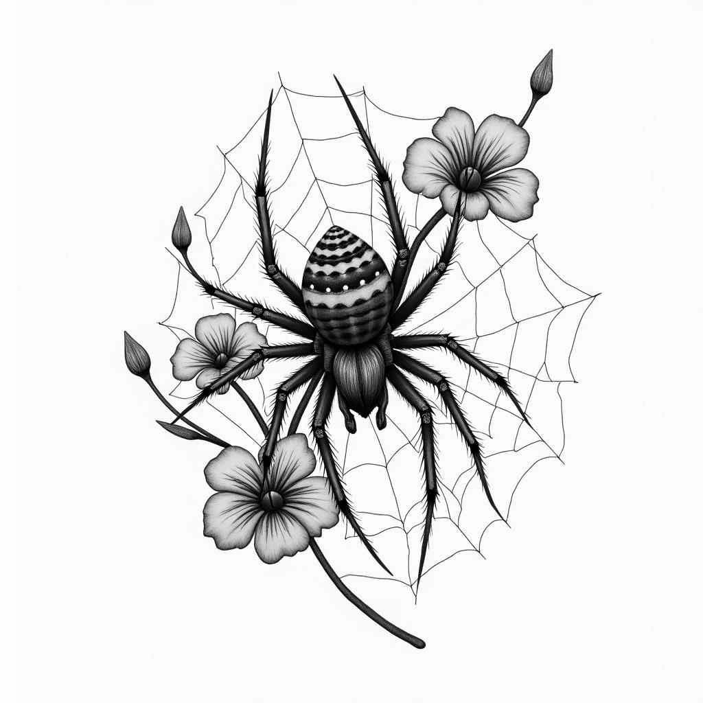 Small spider on web with flowers with stemin realism tattoo style, featuring a highly detailed, lifelike, capturing every detail, photorealistic, ultra realistic, intricate shading, smooth and sharp,   - Variation 46